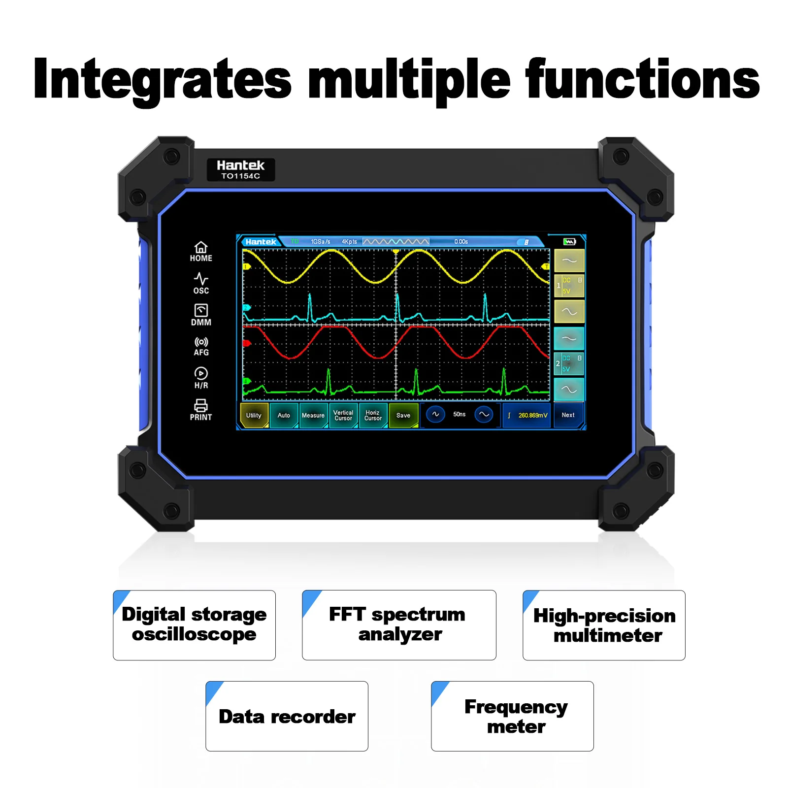 Hantek Tablet z ekranem dotykowym oscyloskop 4 kanały 250MHZ 1GSa/S oscyloskop cyfrowy + multimetr 2 w 1 oscyloskop typu C + 8M