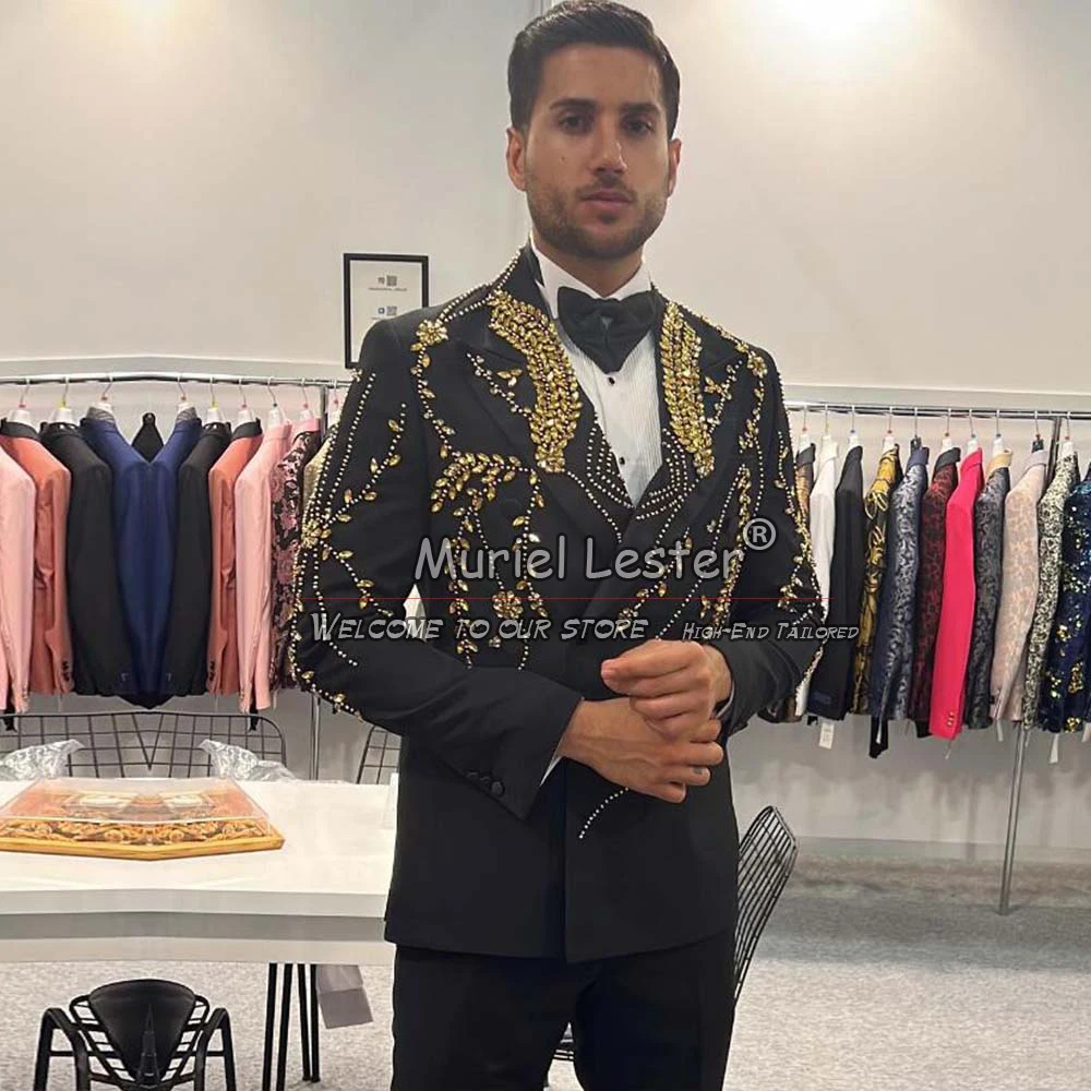 

Exquisite Black Men Suits For Wedding Gold Crystals Beaded Jacket Pants 2 Pieces Formal Banquet Prom Blazer Sets Custom Made