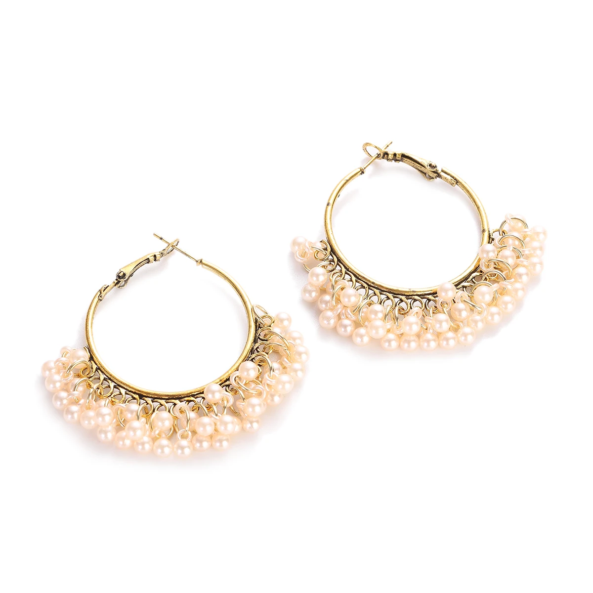 New Gypsy Ethnic Round Gold Color Hoop Earrings India Jewelry Women's Pearl Beads Tassel Jhumka Earrings Female