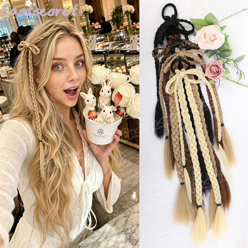 EAST Synthetic Braided Ponytail Hair Extension with Bow Hair Tie, Double Braid Hairpiece for Women, Y2K Party Cosplay Hairstyle