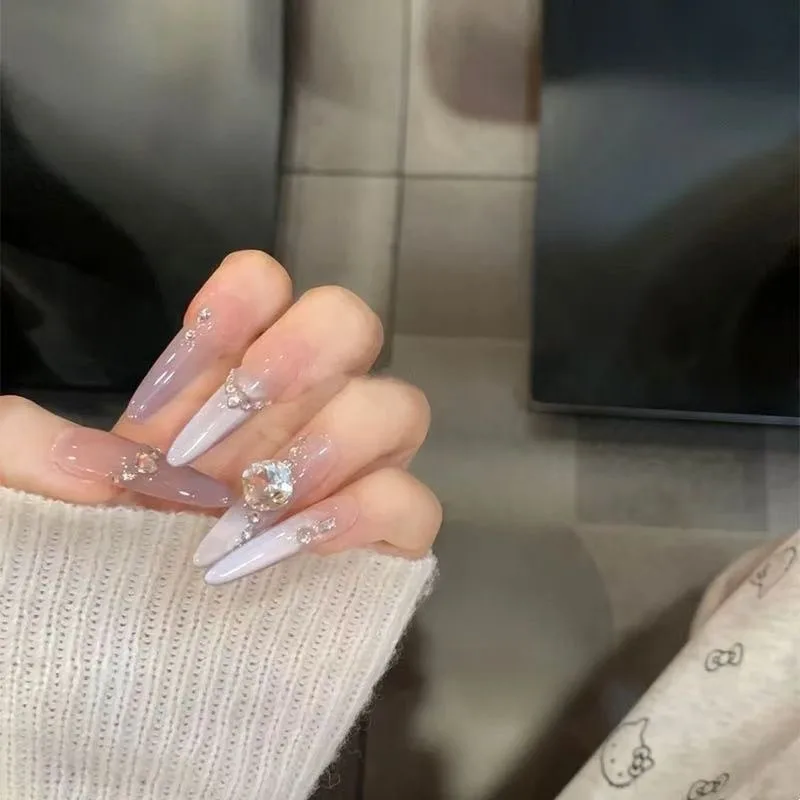 10 قطع من أظافر صناعية طويلة جداً بلون عين القطة الأرجواني مع أحجار الراين، أظافر كورية للنساء مع علبة وأدوات