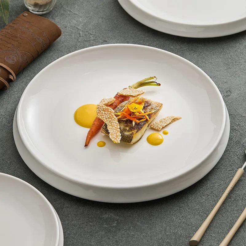 Bevel Volcano Flat Plate Restaurant Beef Steak Western Food Plate Household Large White Ceramic Tableware High-grade Round Dish