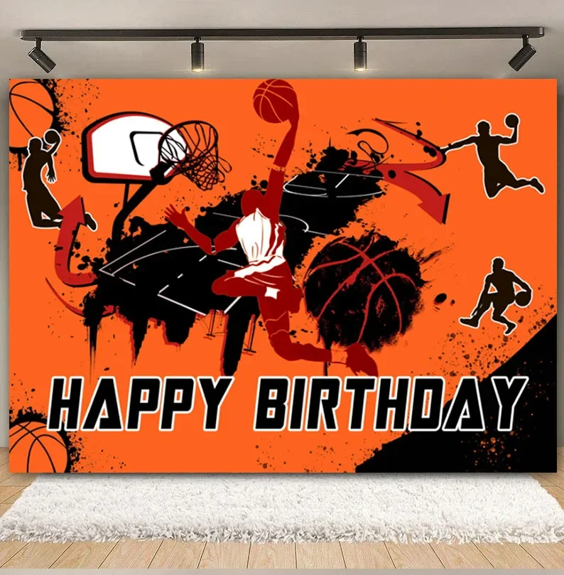 Fiesta de cumpleaños de niño, tema de cancha de baloncesto, decoración de fondo, reuniones deportivas apasionadas, accesorios de fotografía, carteles, pancartas