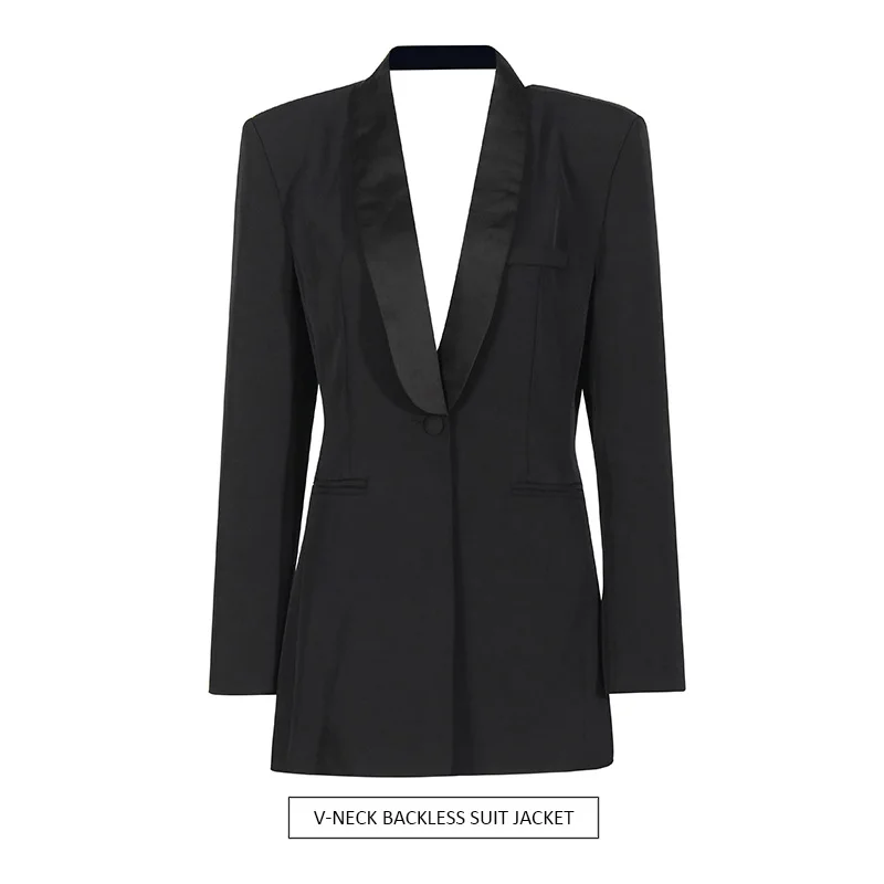 

Сексуальный элегантный тонкий костюм приталенного кроя 2025 новый темпераментный глубокий V-образный дизайн с открытой спиной однотонный пиджак женский traf ropa mujer верхняя одежда