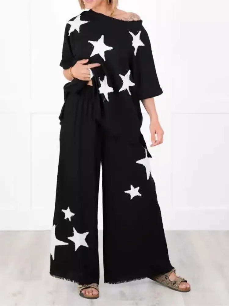 Casual Loose Two Piece Set Star Print Top + Wide Leg Pant Sets Homewear Suits Summer Comfortable Half Sleeve Trouser Outfits