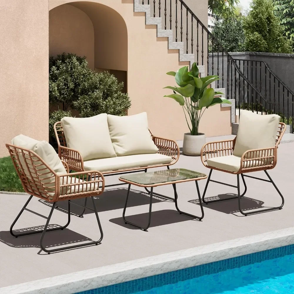 4-Piece Rattan Patio Furniture Set, All-Weather Bistro Conversation Loveseat, Chairs, and Table Set for Outdoor Living Spaces