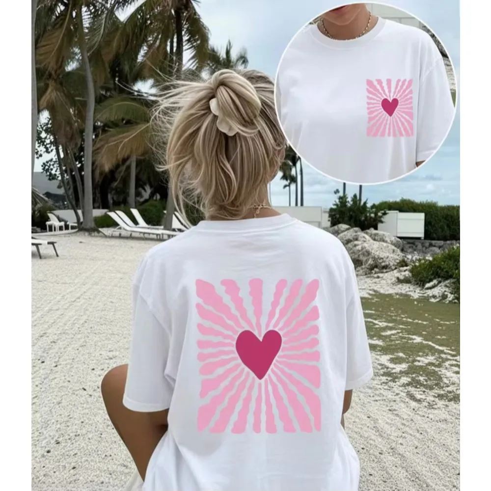 Fresh Style Lady's Tops with Heart and Ray Print Loose and Casual Women'S Top for Spring Summer Round Neck Oversized Men T-Shirt