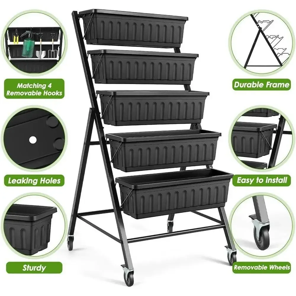 5-Tier Elevated Garden Planter with Drainage, Lockable Wheels for Herbs and Vegetables Indoor/Outdoor (Black)