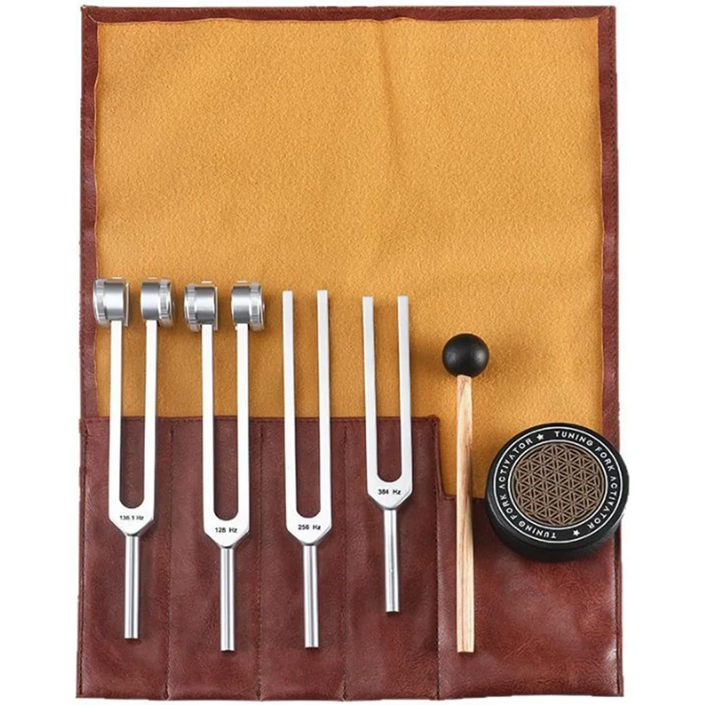 A51Q-Stimmgabeln für Heilzwecke Set (128Hz, 136,1Hz, 256Hz, 384Hz) Stimmgabel mit Reflexhammer, tragbar im Lederetui, Klang