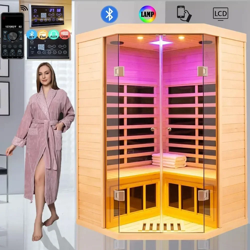 2-3Person Low EMF FAR Infrared Sauna,App & LCD Panel Control,Reading LightsBluetoothSpeakers Toughened Glass Indoor Saunas 1520w