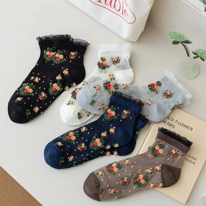1/5 Pairs Fashionable new summer sweet floral women's short tube socks thin lace lace lace casual versatile comfortable socks