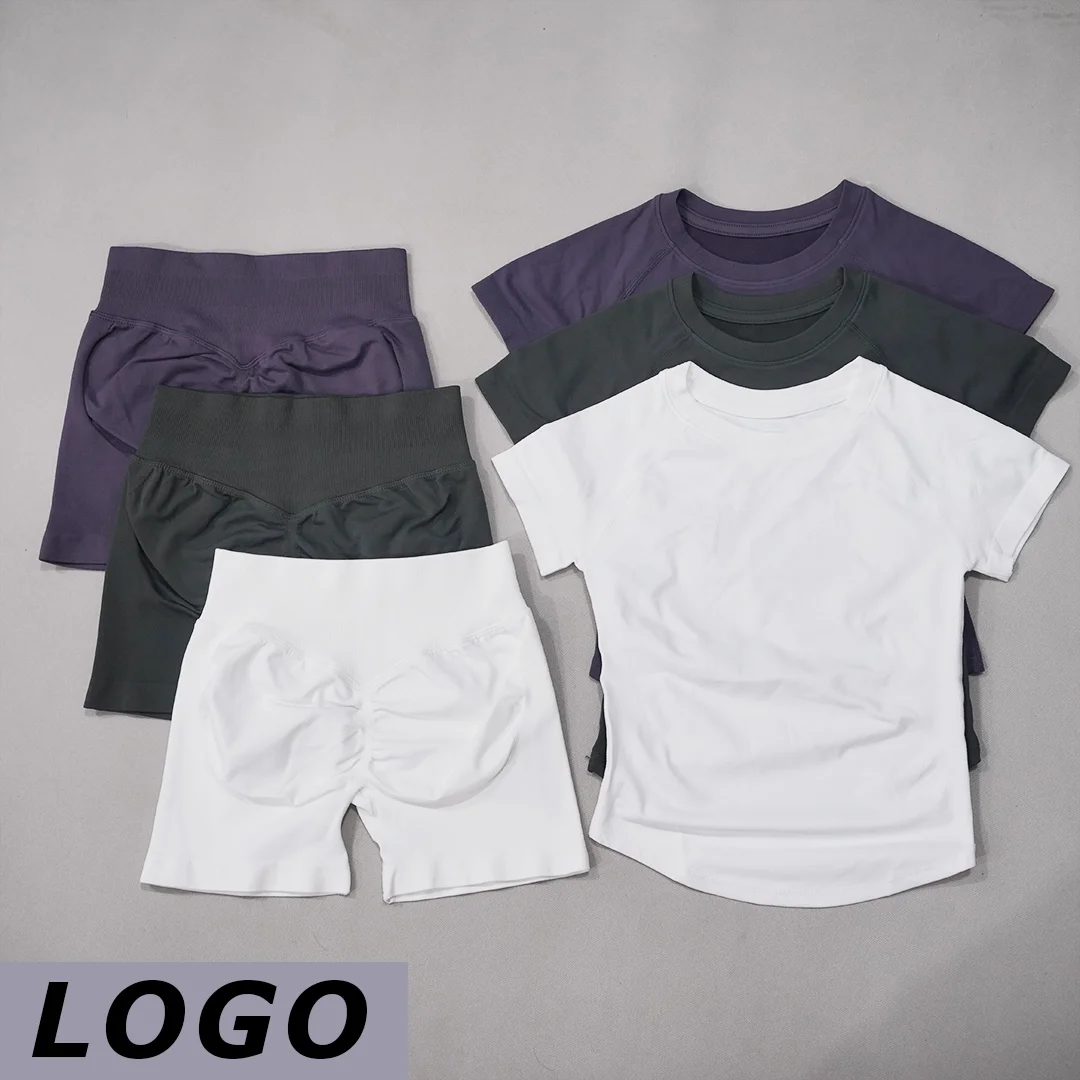 DF-logo 2 Piece Yoga Set Women Seamless Short Sleeve Top High Waist Shorts High Elastic Quick Dry Gym Fitness Running Workout