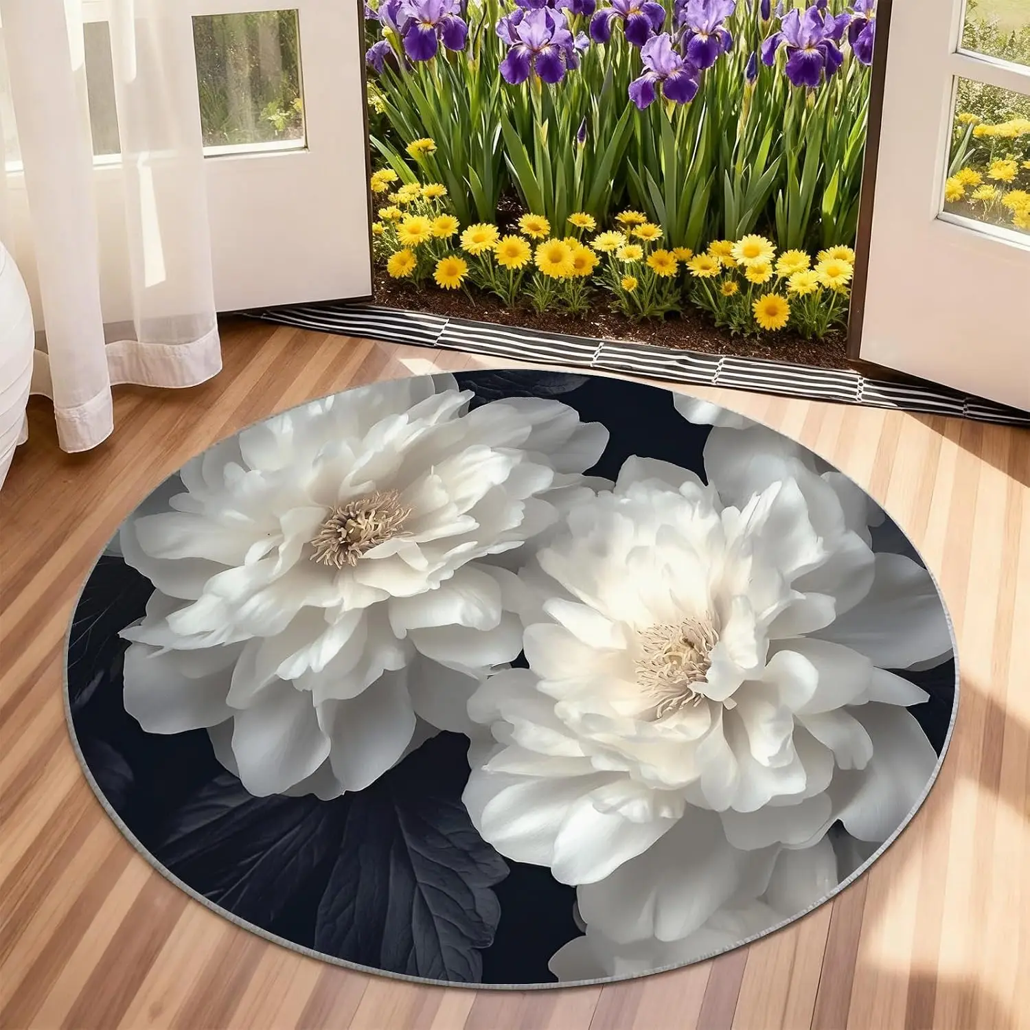 Round Peony Floral Cushion Mat Sponge Soft Plush Bath Rug Luxury Home Decor Entrance Accent Mat White Flower Design