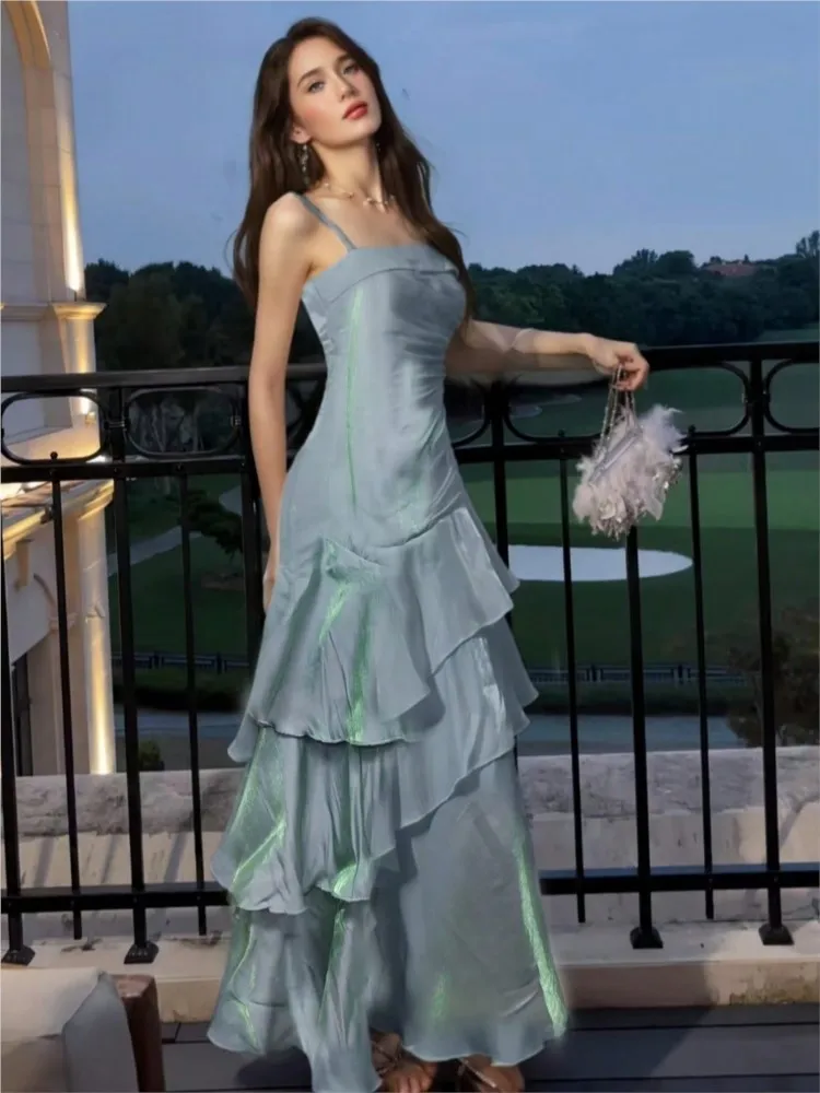 

Women Elegant Solid Prom Dress French Spaghetti Strap Evening Long Dresses Female Slim Chic Party Robe Fashion One Piece Clothes
