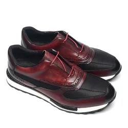 Luxury Brand Men's Sneakers Oxfords - European Style Genuine Leather Cowhide in White Green Burgundy - Summer Casual Dress Shoes