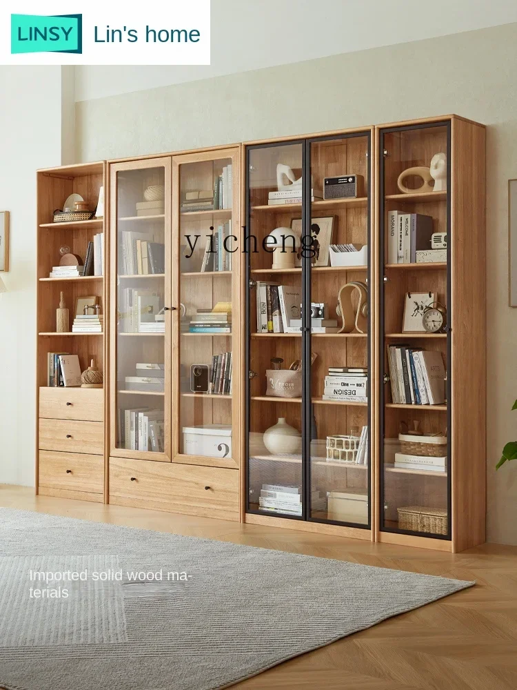 ZC Solid Wood Bookcase Entire Wall Bookshelf Display Cabinet Living Room Glass Door Home Floor
