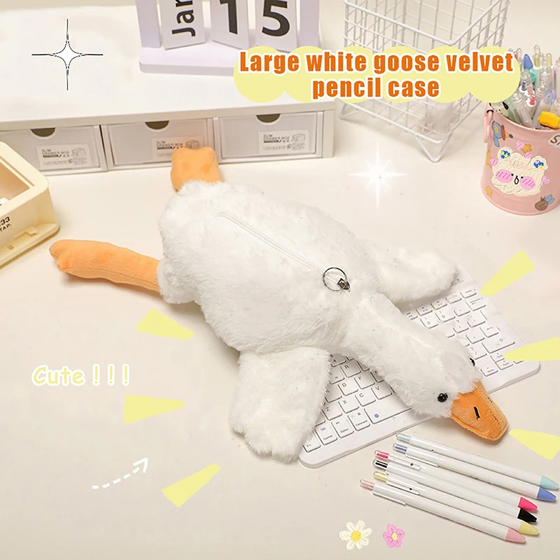 Fashion Stationery Storage Bag Cute Pencil Pouch Gifts Cartoon White Goose Plush Pen Bag Funny Student Animal Pencil Cases