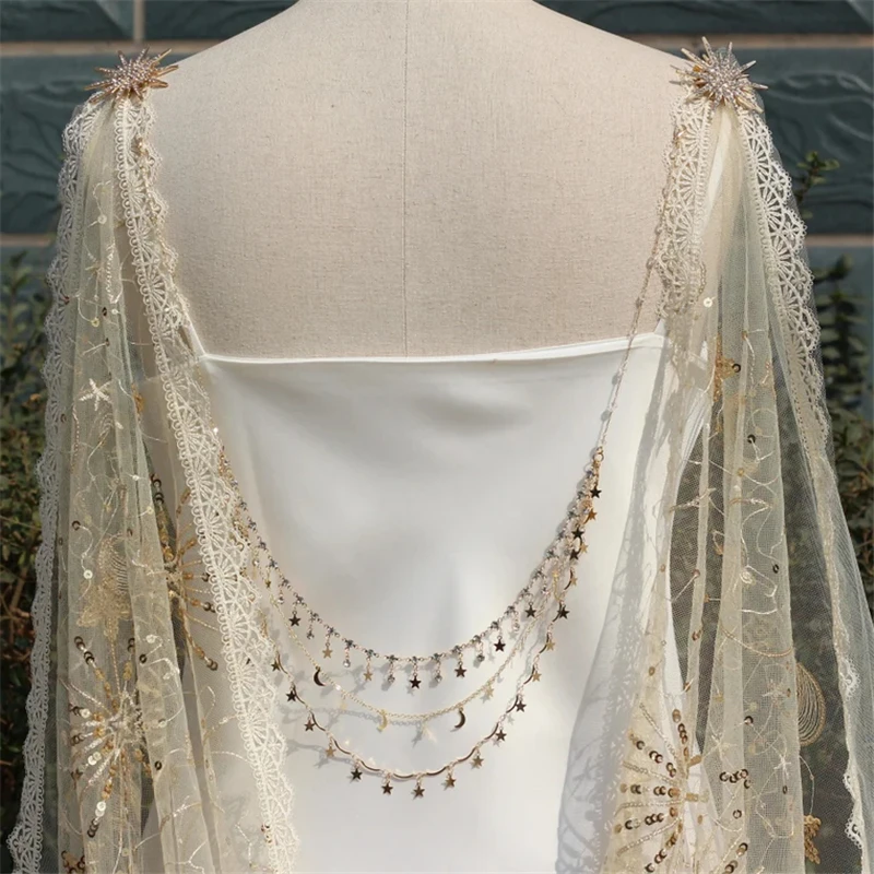 Gold Sequins Sparkly Bridal Wedding Cape Shoulder Veils Accessories Cathedral Long Stars Moon Lace Trim Champagne Tulle Starry