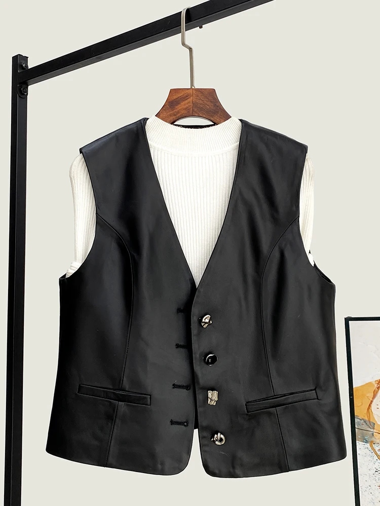 2025 Spring New High Quality Genuine Real Leather Vest Women's Fashion All-Match Short Loose Outerwear Cover-up