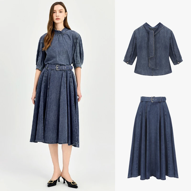 

Ele MICOAT Denim irt And Skirt Set Chic Stand Collar Ba Strap Design ort Sve Summer Outfit for Women