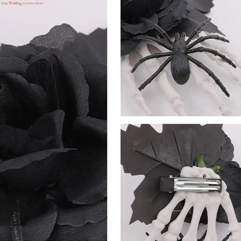G92D Bone Pattern Hair Clip Halloween With Artificial Rose Detailing Nonslip Hold For Active Youth And Adult Hairstyles