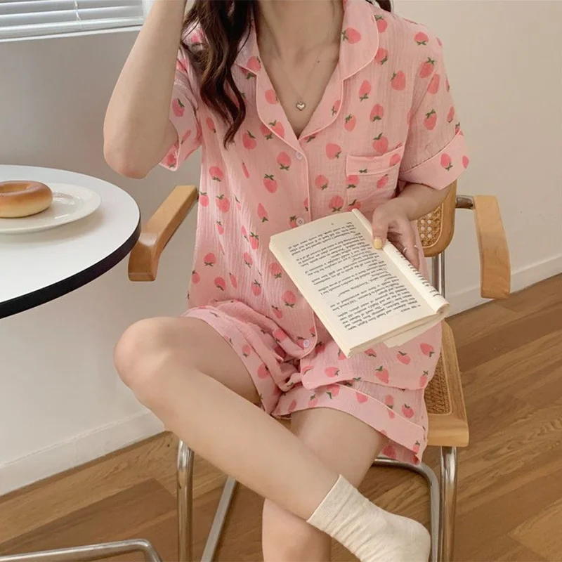 

100% Cotton Summer Pajamas Set Women Single Breasted Shirts Tops + Shorts Kawaii Strawberry Pink Sleepwear Casual Home Suit Soft