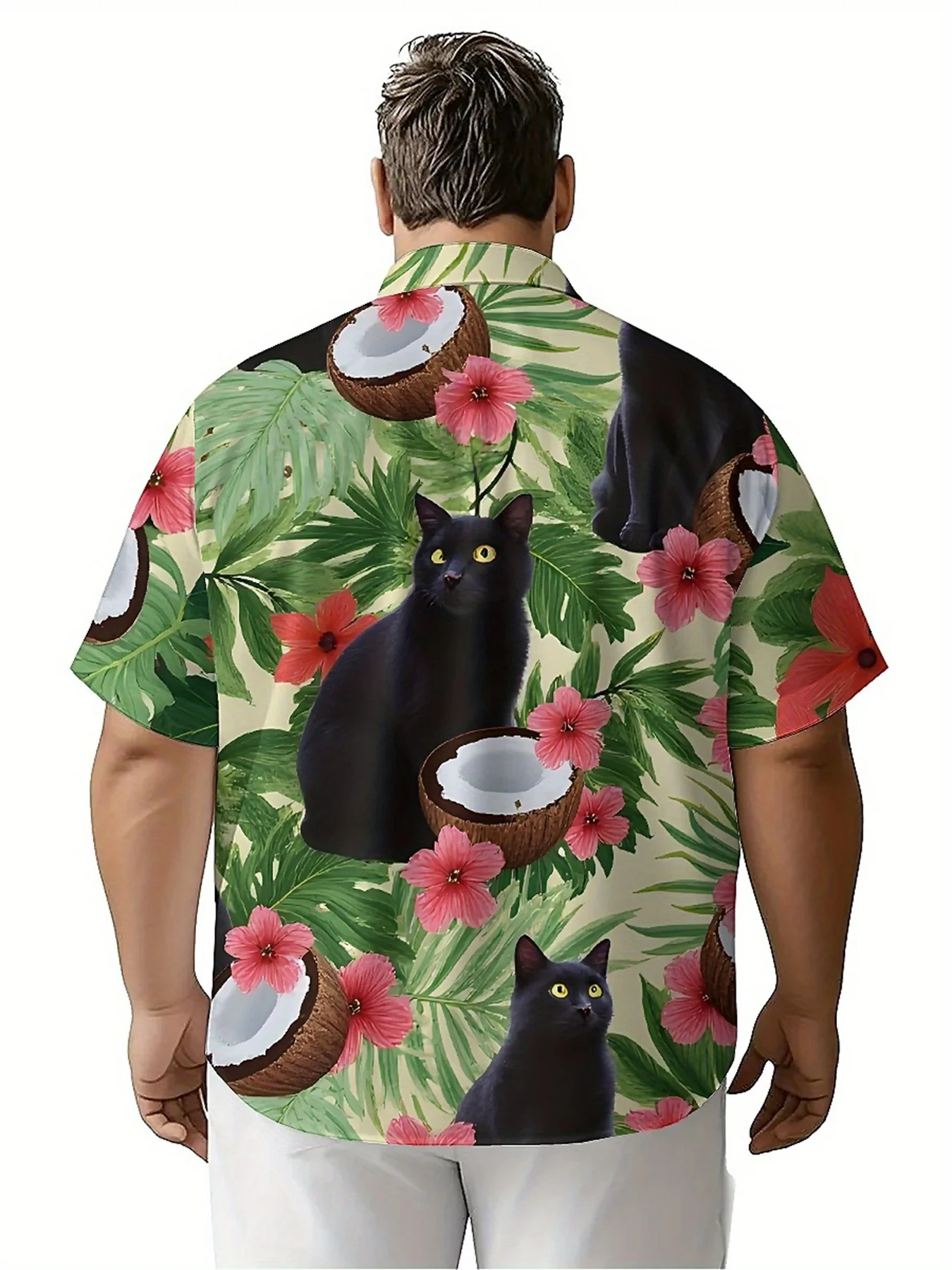 ชายเสื้อฮาวายขนาดบวก Tropical Black Cat มะพร้าวดอกไม้รูปแบบ,เสื้อแฟชั่นฤดูร้อนใหม่,Hip Hop Streetwear