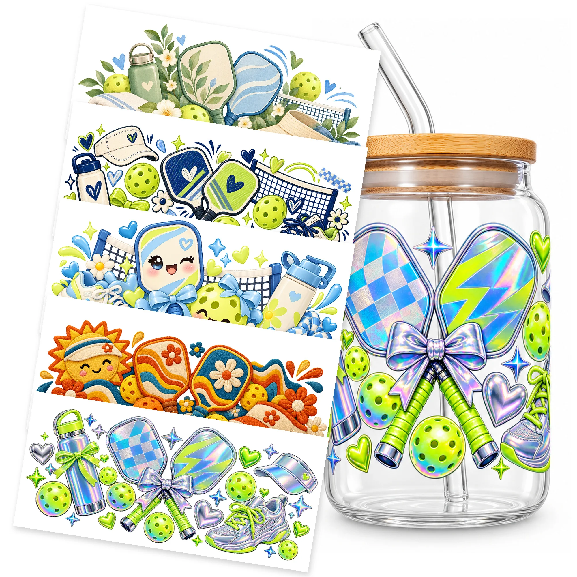 UV DTF Cup Wrap Transfer Stickers Pickleball Paddles and Balls 5 Designs Glossy Decals for 16oz Glass Can Cups