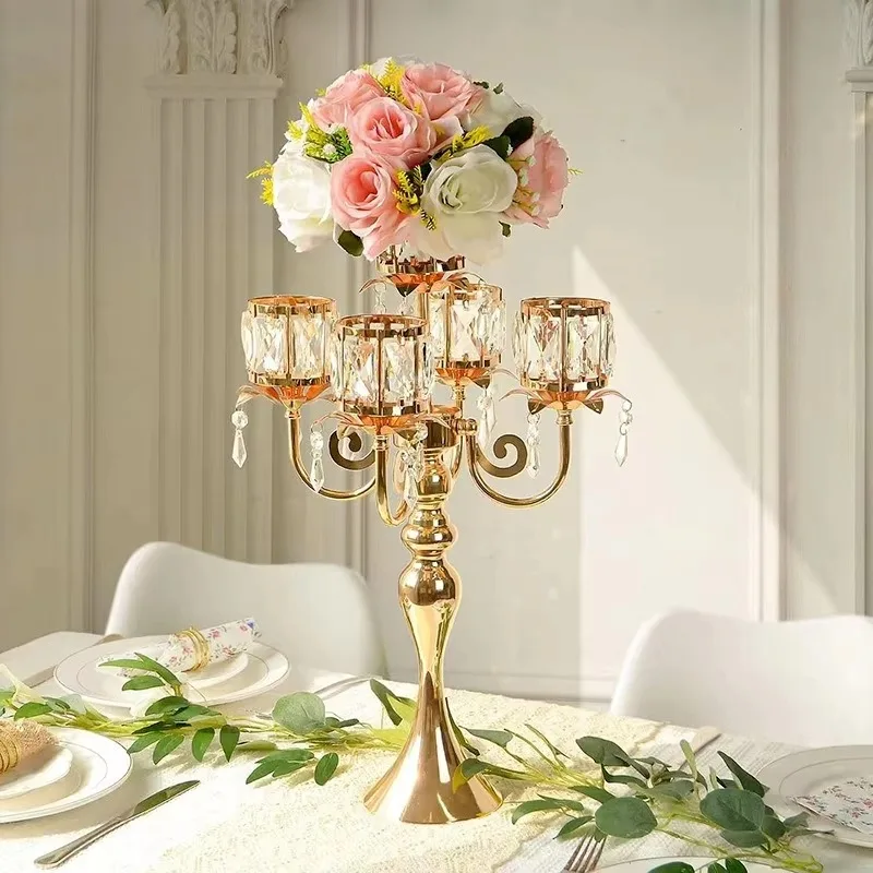 Nordic Candle Holders Golden Luxury Crystal 5-head Candlesticks Wedding Party Dining Table Candle Holder Home Decoration