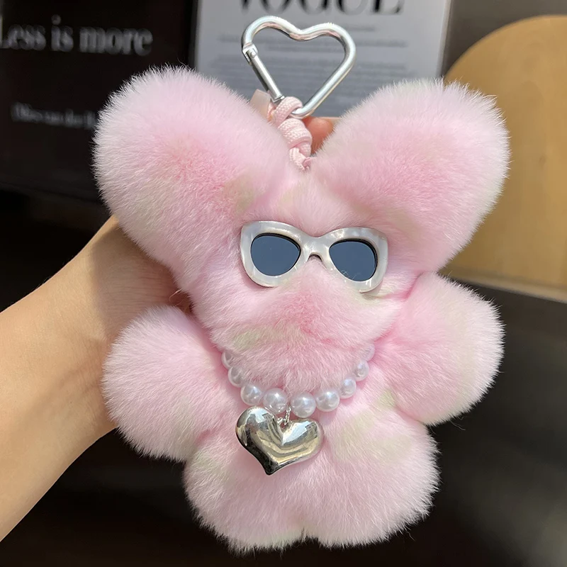 Óculos de sol de pele de coelho lontra real boneca fofa pequeno coelho chaveiro de carro pingente mochila decoração de pelúcia coelho