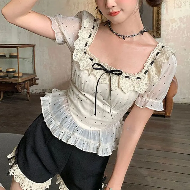 Elegant Square Collar Slim Blouse Polka Dot Female Clothing Stylish Lace Spliced Drawstring 2024 Summer French Style Waist Shirt