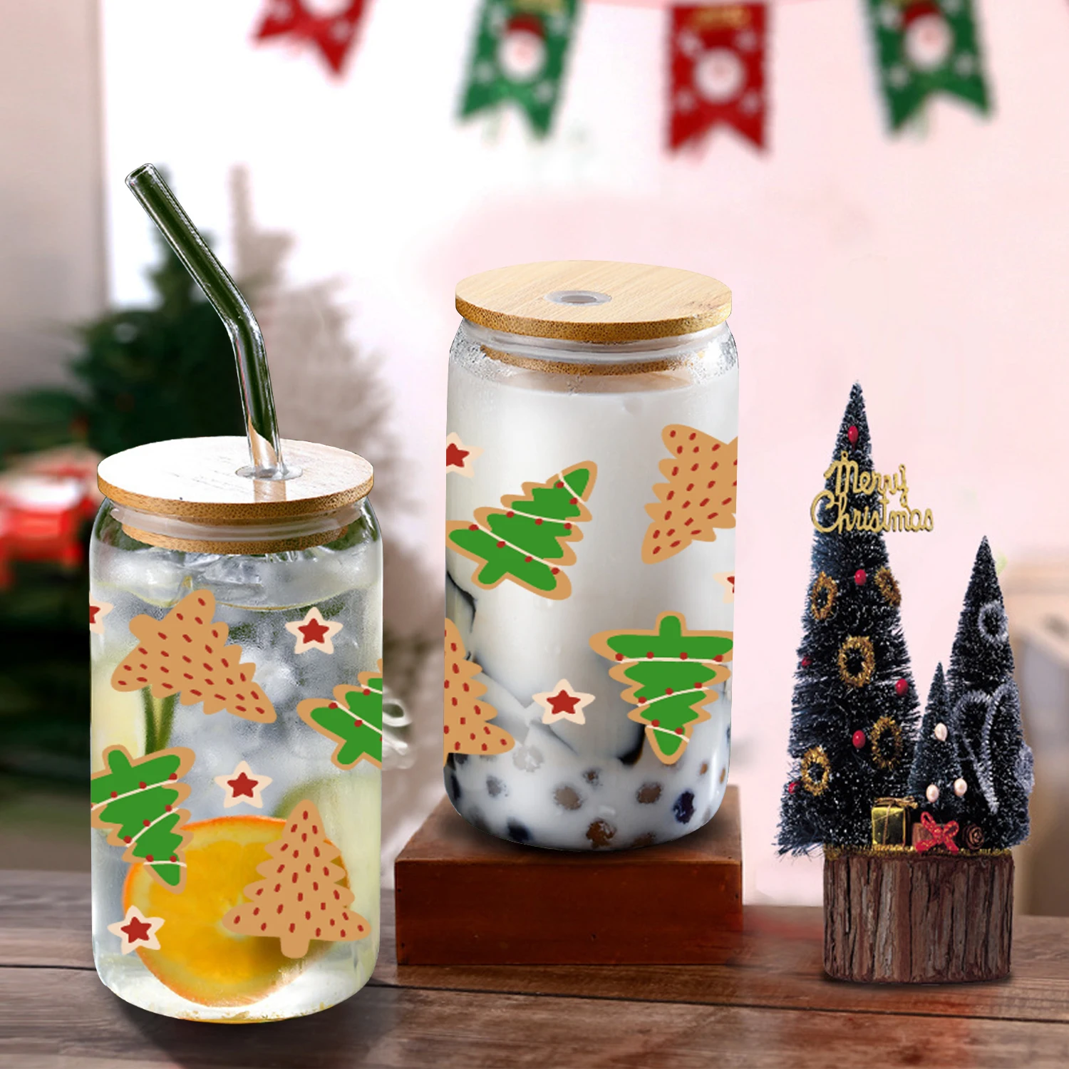 1pc 3d Print Christmas Tree Glass Can 16oz Beer Can Glass With Lid And Straw Christmas Iced Coffee Glass Cup Friendsmas Gift