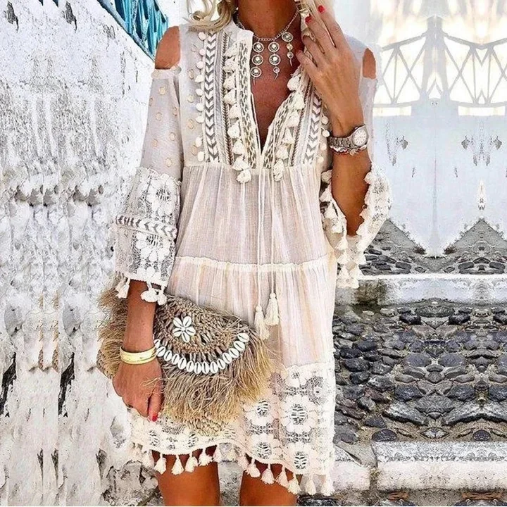 Abito da festa Solido Scava Fuori Scollo a V Abiti sexy in pizzo Stile bohemien Abito di grandi dimensioni Abiti Nappa Sexy Boho Abito lungo da donna