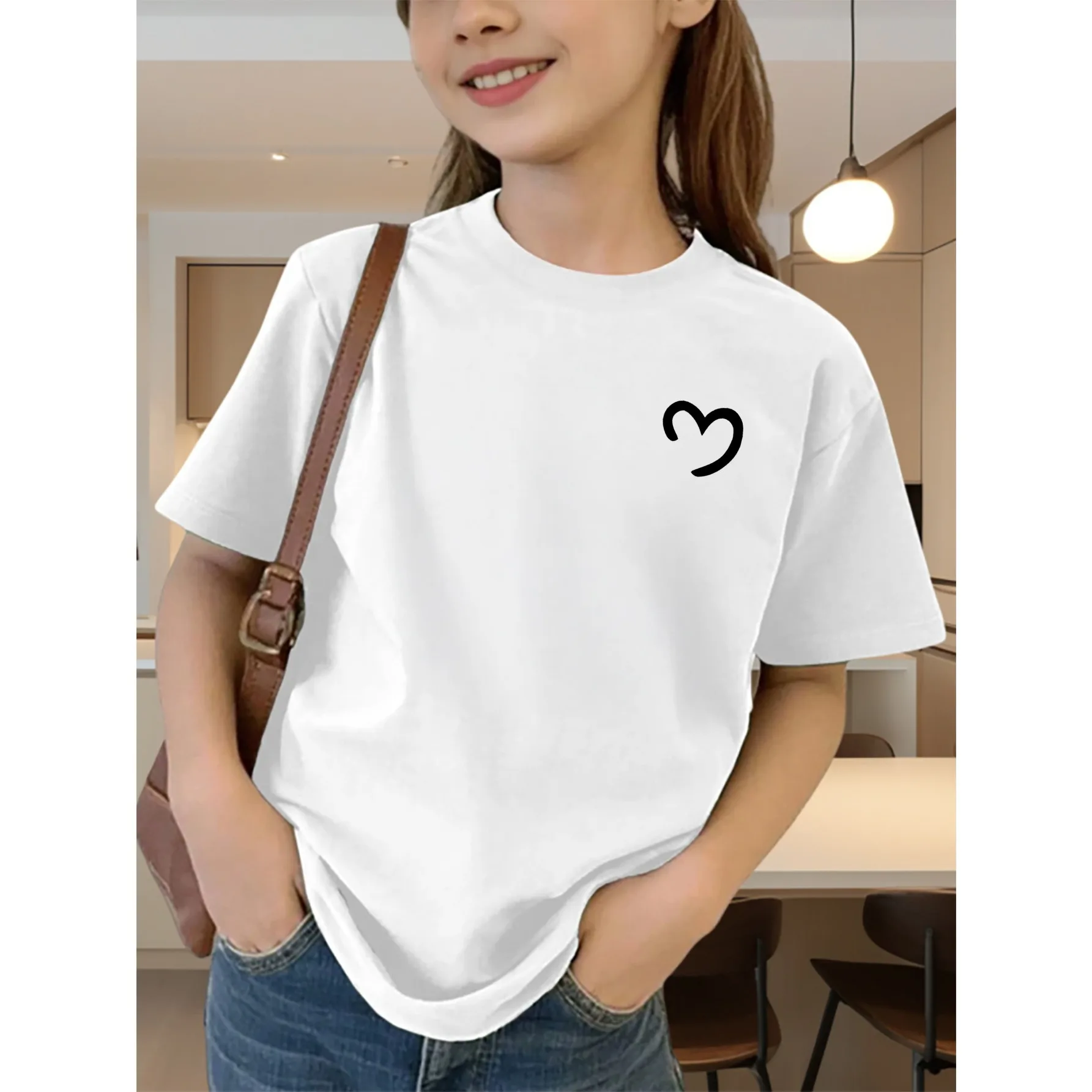 Simple Heart Minimal Print Boys Girls Short Sleeve Tee Parent Match Soft Cotton Kids Sweet Basic Daily Casual Fashion T Shirts
