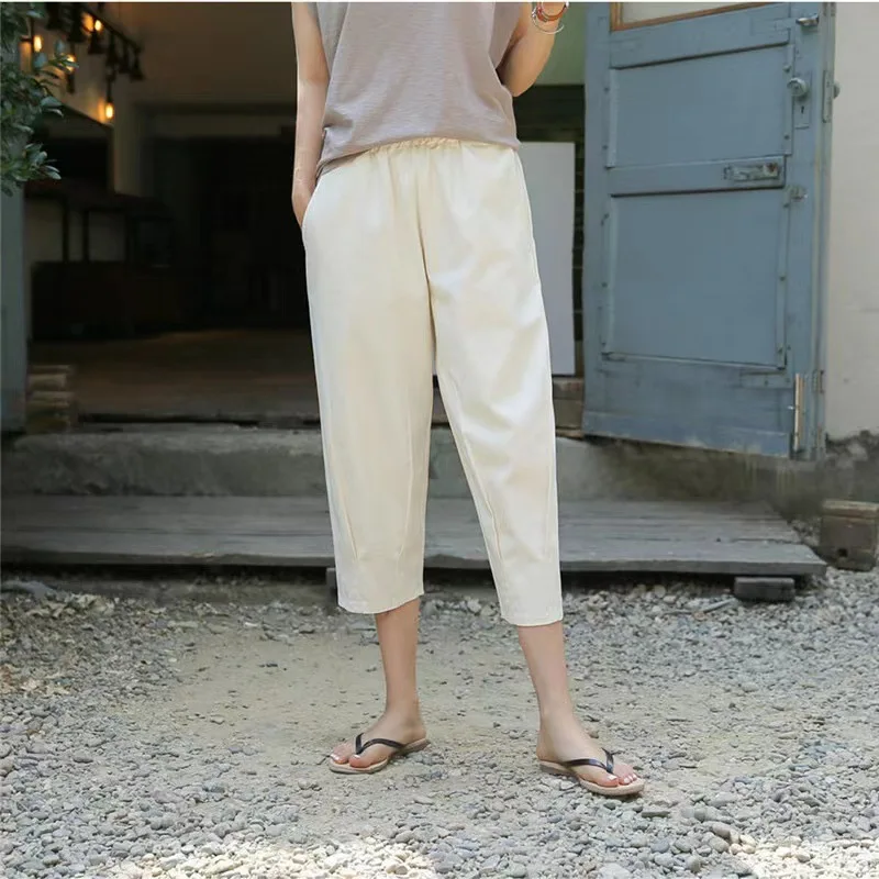 High Waist Straight Leg Balloon Pants Women Casual Thin Loose Nine Points Summer Thin Polyester Fiber Non-ironed Straight Tube