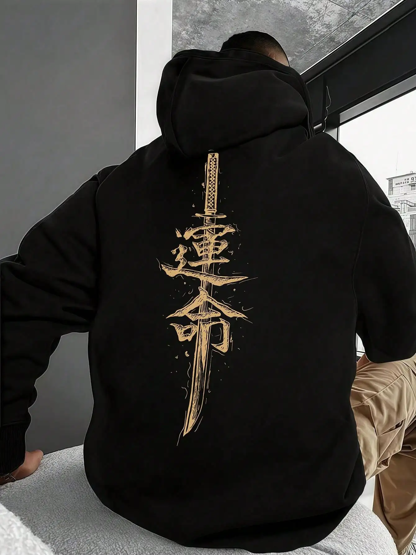 Men's Black Hoodie with Gold Sword Graphic, Casual Streetwear, Autumn Winter Long Sleeve