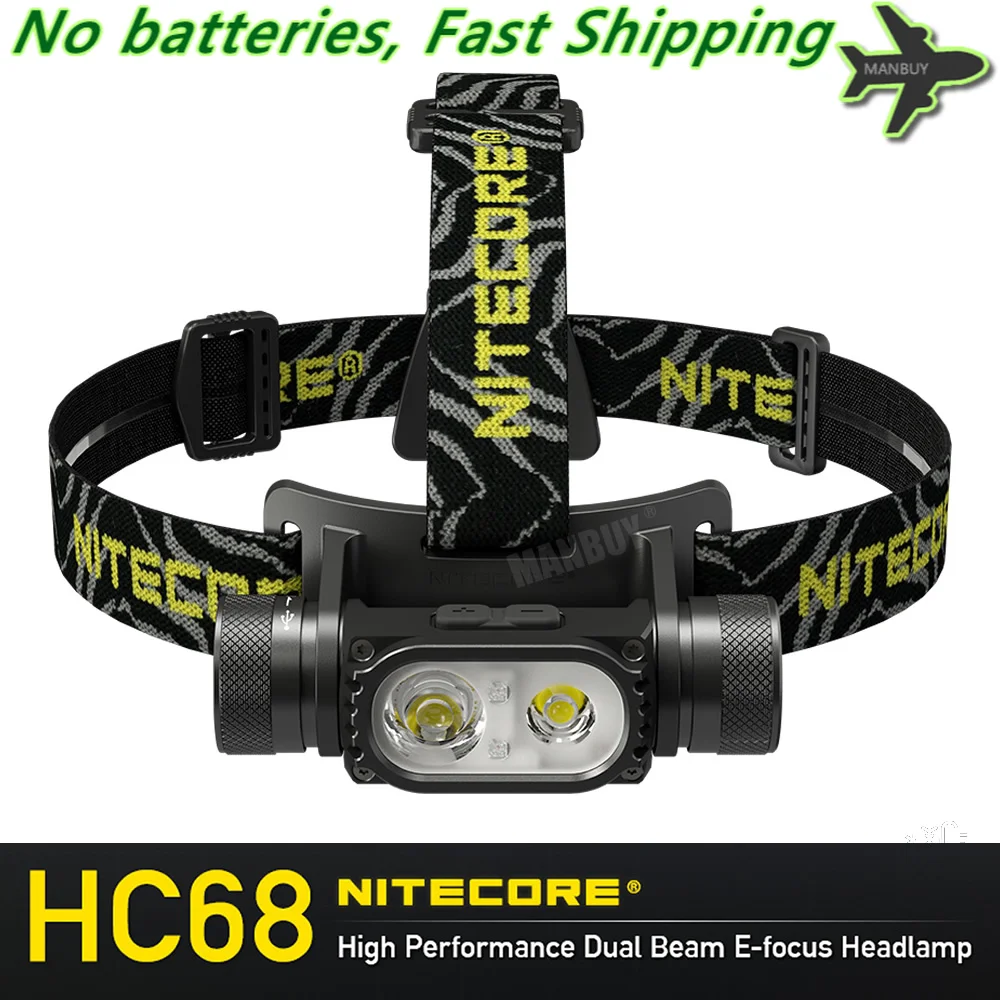 

2024 Nitecore HC68 2000 Lumens High Performance Dual Beam E-focus 2xLEDs Headlamp without Battery Outdoor Camping Headlight Gear