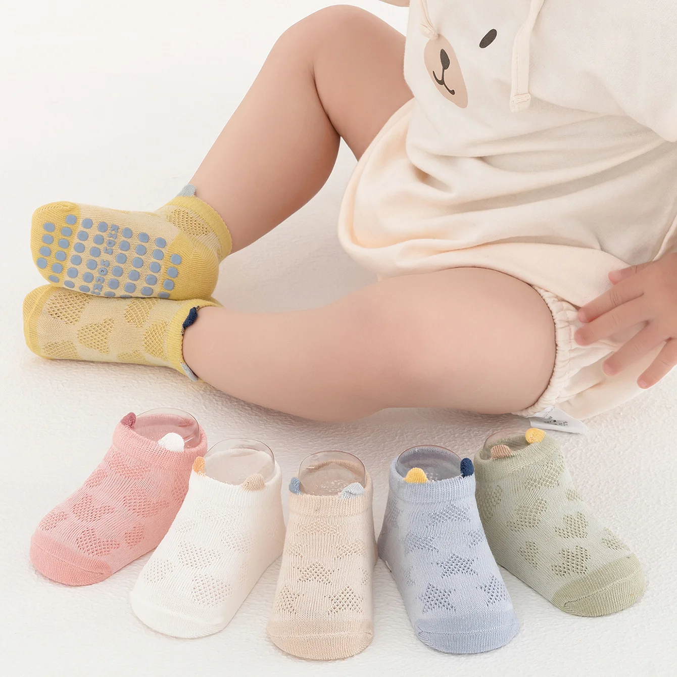 4 pairs of cartoon bear star patterned floor socks for boys, girls, and infants, boat socks, anti slip, wear-resistant, comforta image 3