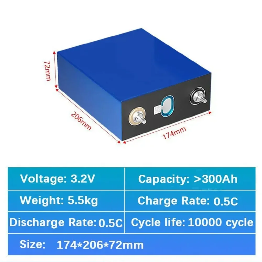 4PCS 3.2V 300ah Lifepo4 Cell Aluminium Prismatic Shell Battery For DIY 12V 24V 48V Lithium Battery Pack for Solar RV Inverter