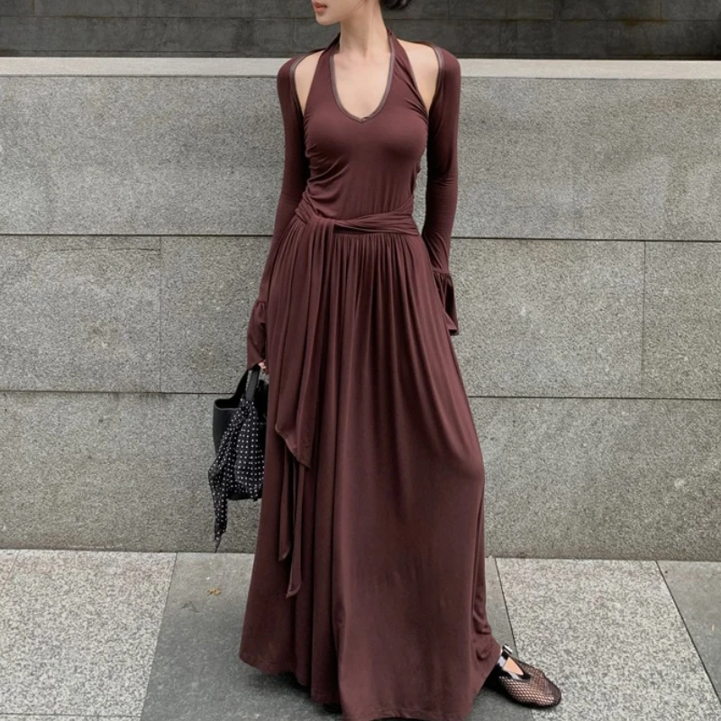 

2024 Autumn New High Street Lace-up Pleated Sexy Slim Halter Dress Women + Casual Long Sleeve T-Shirt Two-piece Suit