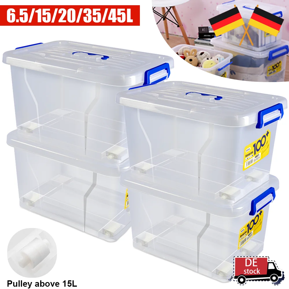 Scatola di immagazzinaggio 2pc 15L/20L/35L/45L con coperchio e manici Custodia con ruote Scatola di immagazzinaggio trasparente in plastica per abbigliamento e giocattoli