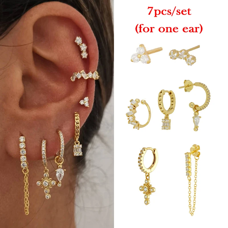 Exquisite Gold Color Earrings Set For Women Zircon Single Ear Cuff Clip Hoop Dangle Earrings Fashion Party Jewelry Wholesale