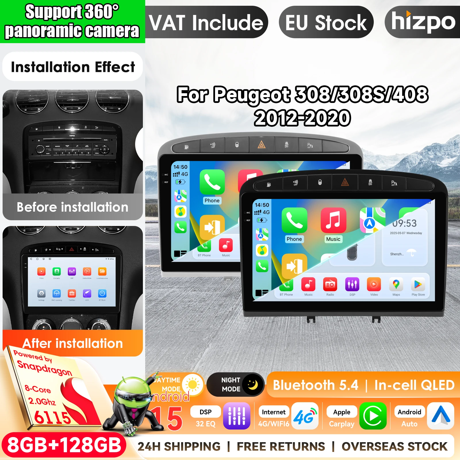 Autoradio sans fil CarPlay Android Auto pour Peugeot 308 / 308 SW Mk1 (T7) / RCZ / 408 2007-2015, ventilateur de refroidissement intégré, navigation G