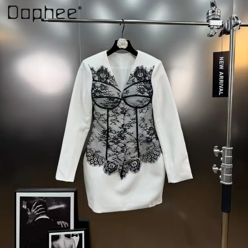 سترة أنيقة لخريف 2025 متعددة الاستخدامات مُزينة بالدانتيل مكونة من قطعتين وأكمام طويلة ورقبة على شكل حرف v سترة كورية أنيقة عصرية راقية