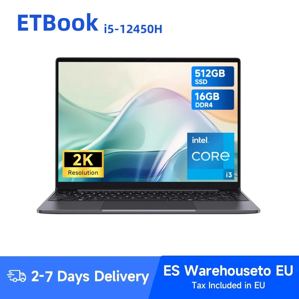 Portátil ETBook con Intel Core i5-12450H, 16 GB de RAM, SSD de 512 GB, Pantalla de 14 Pulgadas con Resolución 2160x1440, WiFi 6, Windows 11, Ideal para Oficina y Estudio