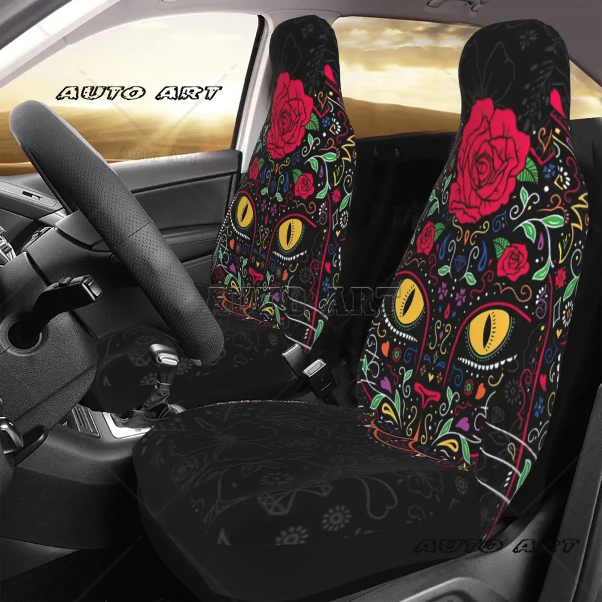 Day Of The Dead Cat Sugar Skull Car Seat Cover Custom Printing Universal Front Protector Accessories Cushion Set