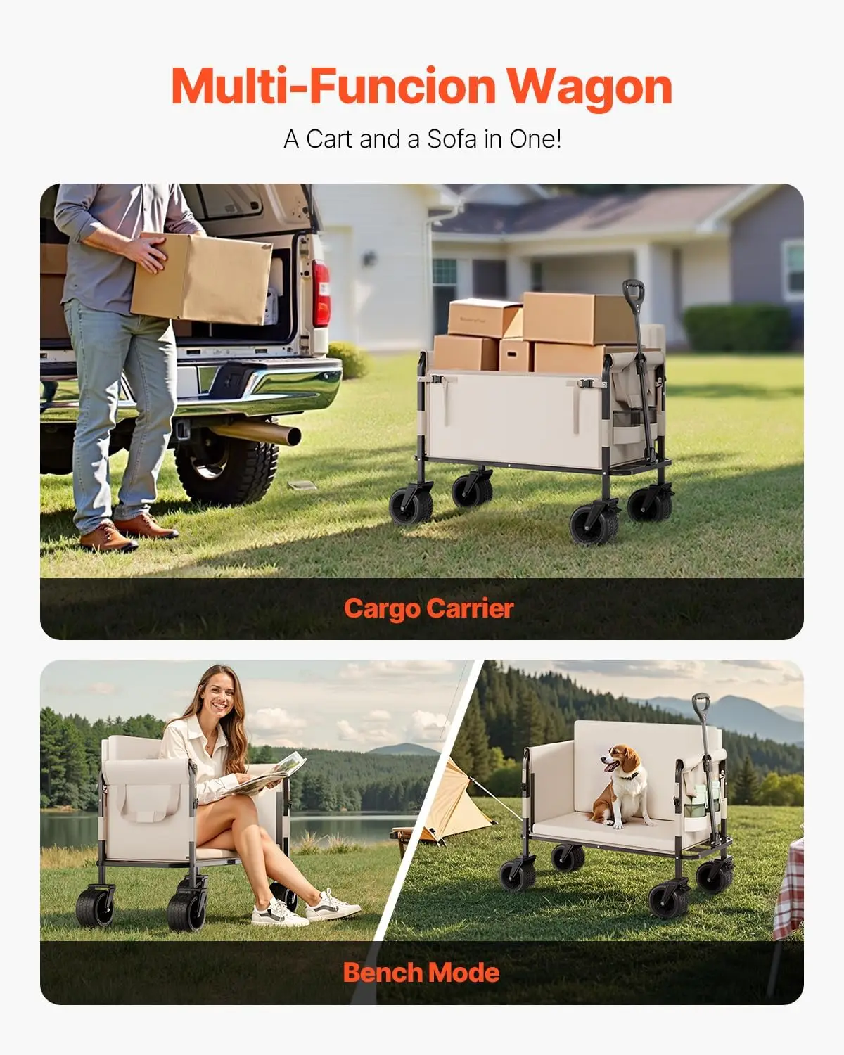 3-in-1 550lbs/220L Large Collapsible Folding Wagon, Convert to Bench, Foldable Beach Wagon with Wheels for Sand, Outdoor Utility