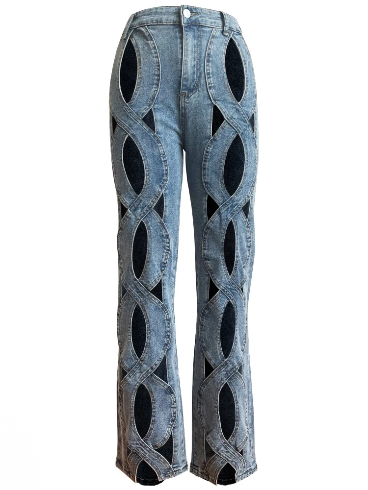 2024 Spring Hollow Out Jeans For Women High Waist Patchwork Zipper Casual Wide Leg Pants Female Fashion Clothing New