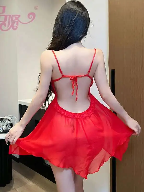 Seksowna, dojrzała, siateczkowa, prześwitująca koszula nocna, piżama w stylu \"pure desire\", elegancka czerwona, słodka mini sukienka na ramiączkach, koreańska damska J69G