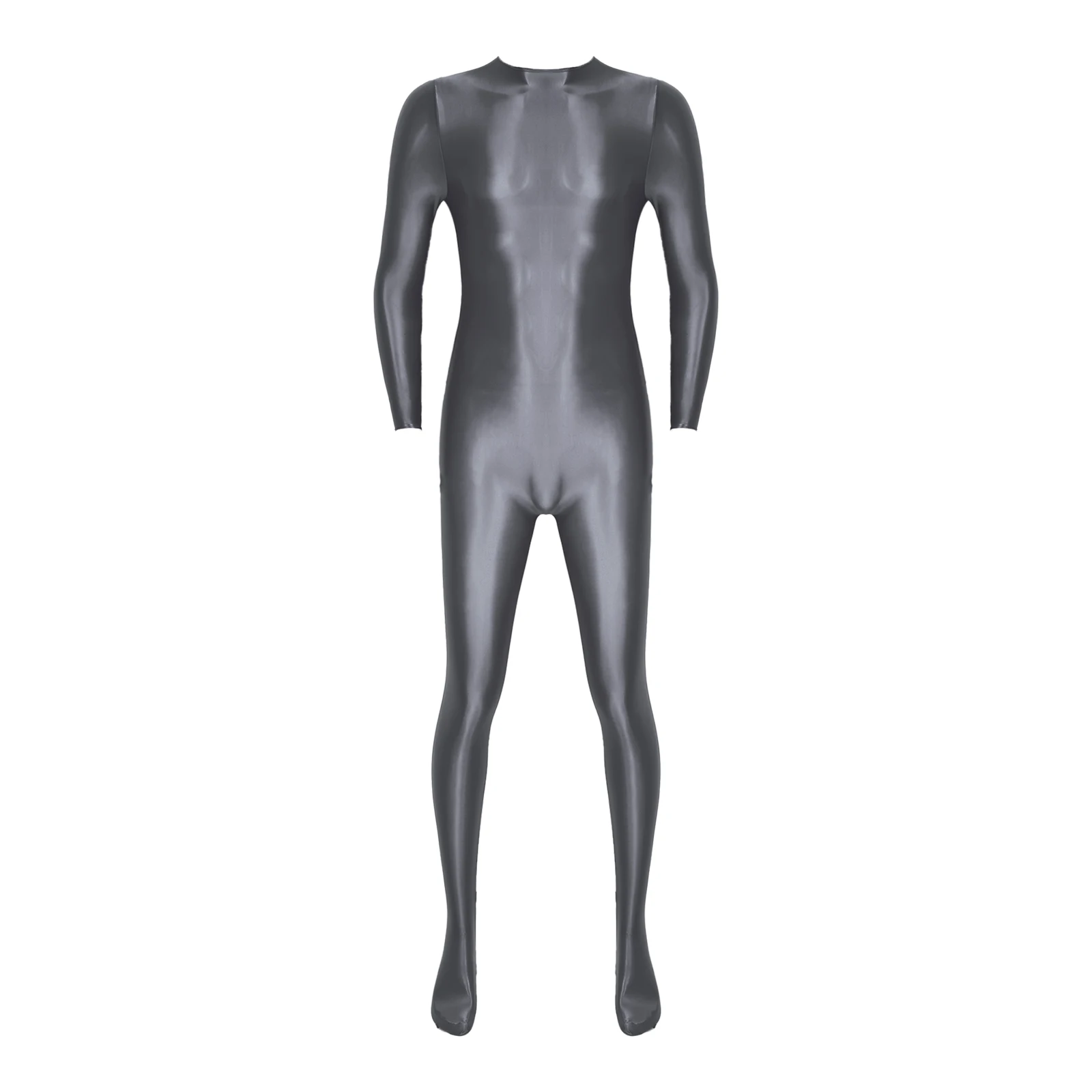 Mens Solid Color Long Sleeve Bodysuit Lingerie Mock Neck Back Zipper Bodystocking Glossy Gymnastics Fitness Sportwear Nightwear